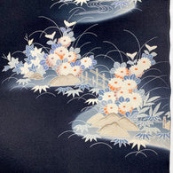 Full Bolt Black with Flowers, Mountains and Bridges Vintage Kimono Silk from Japan, 10.6 YARDS  #PA-20