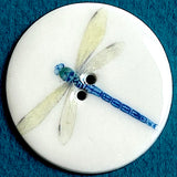 SALE, Dragonfly Large 1-1/2" Porcelain Round 2 Hole Button, White/Blue, Handmade