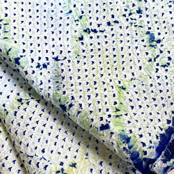 All-Shibori Vintage Kimono Silk Piece, Lime/Off-White/Indigo, from Japan, 6" x 34"   #239