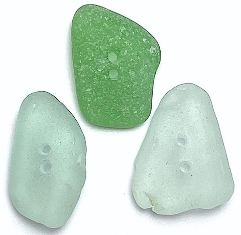 Set of Three Mixed Blue-Greens Sea Glass Buttons Approximately 1"  #BCH-134