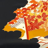 Full Bolt Black with Leafy Trees and Architecture, Vintage Kimono Silk from Japan, 11 YARDS  #PA-21