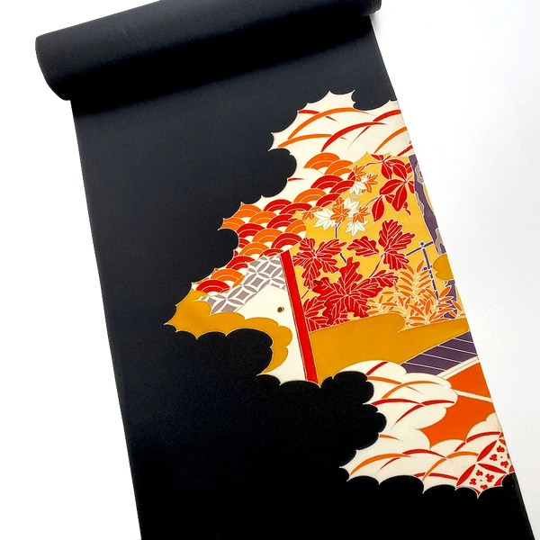 Full Bolt Black with Leafy Trees and Architecture, Vintage Kimono Silk from Japan, 11 YARDS  #PA-21