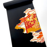 Full Bolt Black with Leafy Trees and Architecture, Vintage Kimono Silk from Japan, 11 YARDS  #PA-21