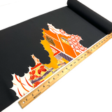 Full Bolt Black with Leafy Trees and Architecture, Vintage Kimono Silk from Japan, 11 YARDS  #PA-21