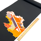 Full Bolt Black with Leafy Trees and Architecture, Vintage Kimono Silk from Japan, 11 YARDS  #PA-21