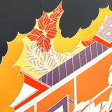 Full Bolt Black with Leafy Trees and Architecture, Vintage Kimono Silk from Japan, 11 YARDS  #PA-21