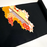 Full Bolt Black with Leafy Trees and Architecture, Vintage Kimono Silk from Japan, 11 YARDS  #PA-21