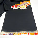 Full Bolt Black with Leafy Trees and Architecture, Vintage Kimono Silk from Japan, 11 YARDS  #PA-21