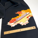 Full Bolt Black with Leafy Trees and Architecture, Vintage Kimono Silk from Japan, 11 YARDS  #PA-21