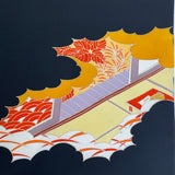 Full Bolt Black with Leafy Trees and Architecture, Vintage Kimono Silk from Japan, 11 YARDS  #PA-21