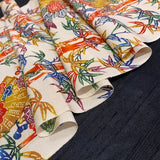 Birds, Bamboo, Fans Colorful Bingata Chirimen Crepe Kimono Silk Pieces 13.5" x 65"  #JA-08