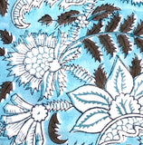 DEEPER SALE, Aqua, Brown and White Block Print Cotton Floral from India, By the Yard #5059