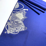 Full Bolt Navy Vintage Silk Satin with White/Silver "Lace" Embroidery in Two Areas, 9.5 yards Kimono Silk from Japan #215