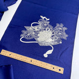 Full Bolt Navy Vintage Silk Satin with White/Silver "Lace" Embroidery in Two Areas, 9.5 yards Kimono Silk from Japan #215