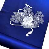 Full Bolt Navy Vintage Silk Satin with White/Silver "Lace" Embroidery in Two Areas, 9.5 yards Kimono Silk from Japan #215