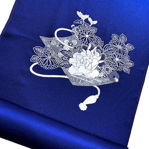 Full Bolt Navy Vintage Silk Satin with White/Silver "Lace" Embroidery in Two Areas, 9.5 yards Kimono Silk from Japan #215