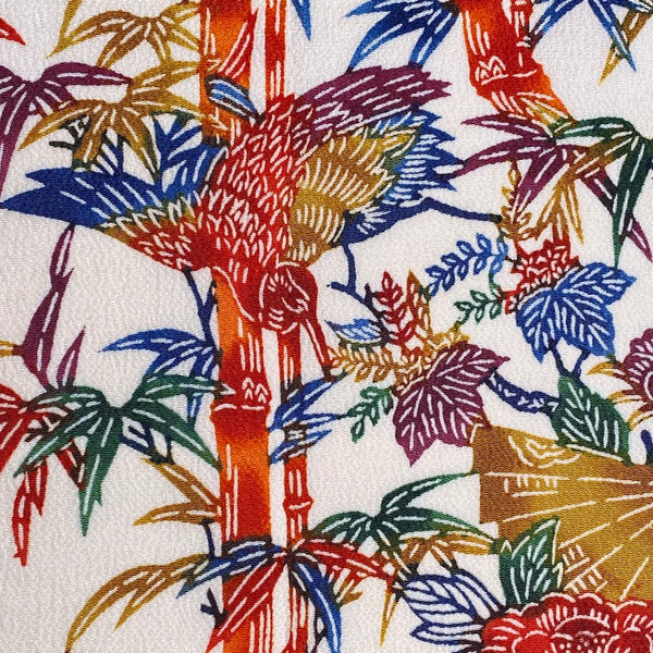 Birds, Bamboo, Fans Colorful Bingata Chirimen Crepe Kimono Silk Pieces 13.5" x 65"  #JA-08