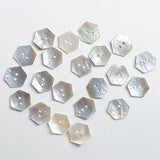 Re-Stocked, Hexagon Moonrise Mother of Pearl Buttons 1/2" / 9/16", Iridescent, Pack of 12 for $5.00  #LP-09/12