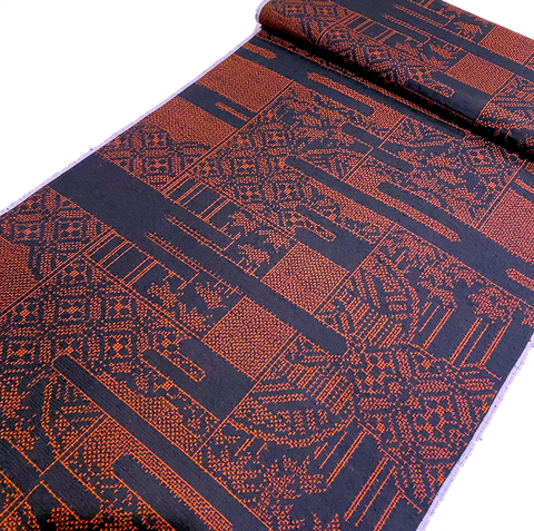 Red-Orange + Black Complex Ikat Vintage Kimono Silk from Japan By the Yard  #220