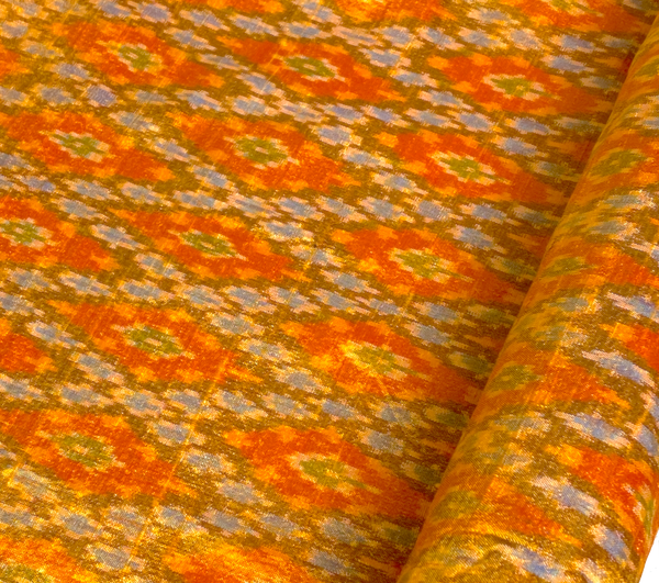 Remnant, 7/8 Yard, Glistening Orange Tangerine/Blue/Brown Diamonds, Silk Ikat Handloom from India, 44" Wide #TK-39