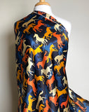 DEEPER SALE, Horses Print, Fall Tones + Black, 100% Silk Satin Charmeuse. 45" Wide, by the Yard  #1904