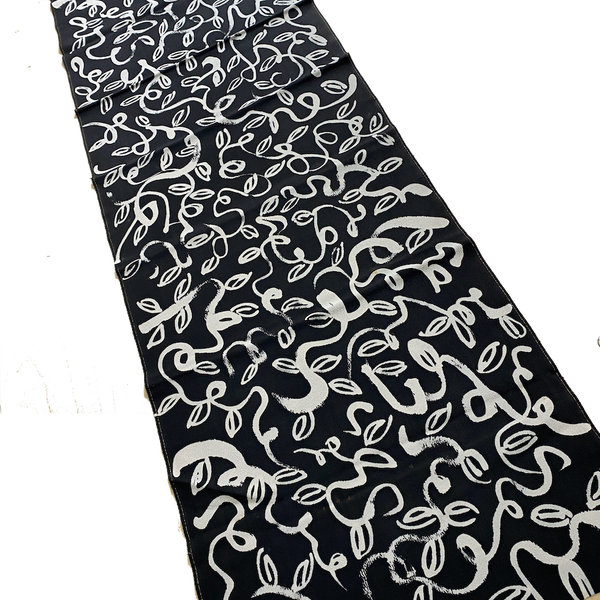 Black/Off-White Squiggly Tendrils Vintage Lightweight Hand-Painted? Silk Crepe from Japan, 13.5" x 64" from Japan  #225