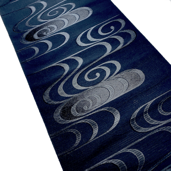 5 yards Vintage Obi Silk from Japan: Black Shiny Swirls on Sheer Featherweight Stripe, Unusual, Light #226