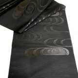 5 yards Vintage Obi Silk from Japan: Black Shiny Swirls on Sheer Featherweight Stripe, Unusual, Light #226