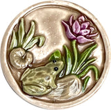 Frog, Lighter Purple Flower, Lilypad Art Stone Button, Taupe, 1-3/8" by Susan Clarke
