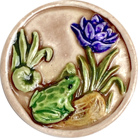 Frog, Darker Purple Flower, Lilypad Art Stone Button, Taupe, 1-3/8" by Susan Clarke