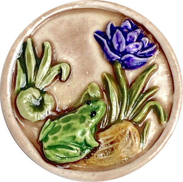 Frog, Darker Purple Flower, Lilypad Art Stone Button, Taupe, 1-3/8" by Susan Clarke