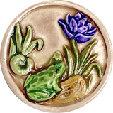 Frog, Darker Purple Flower, Lilypad Art Stone Button, Taupe, 1-3/8" by Susan Clarke