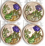 Frog, Darker Purple Flower, Lilypad Art Stone Button, Taupe, 1-3/8" by Susan Clarke