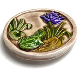 Frog, Darker Purple Flower, Lilypad Art Stone Button, Taupe, 1-3/8" by Susan Clarke
