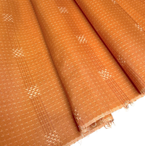 Pumpkin / Cream Sashiko-Look Checkerboard Featherweight Vintage Kimono Kasuri Ikat from Japan, By the Yard # 302