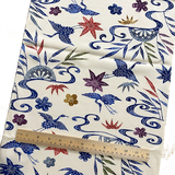 Cranes/Bamboo Bingata on Ecru Chirimen Crepe Vintage Kimono Silk Piece 14" x 61"   #1091