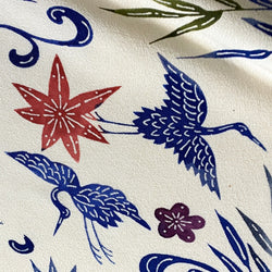 Cranes/Bamboo Bingata on Ecru Chirimen Crepe Vintage Kimono Silk Piece 14" x 61"   #1091