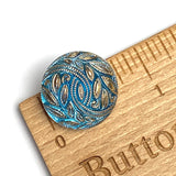Re-Stocked Blue & Gold Laurel Leaves Czech Glass Button 18mm / 3/4" # CZ-178