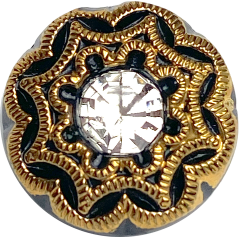 Black/Gold/Rhinestone Small Czech Glass Button 13mm  1/2"  # CZ-176