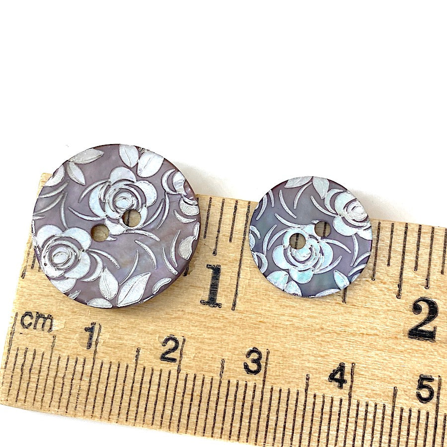 Re-Stocked Muted Amethyst / White Roses Laser-Etched Button, 15mm 2-Ho ...