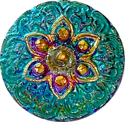 Re-Stocked, Blues/Purples/Gold Arabian Starflower 19mm Czech Glass Button 3/4"  # CZ-296