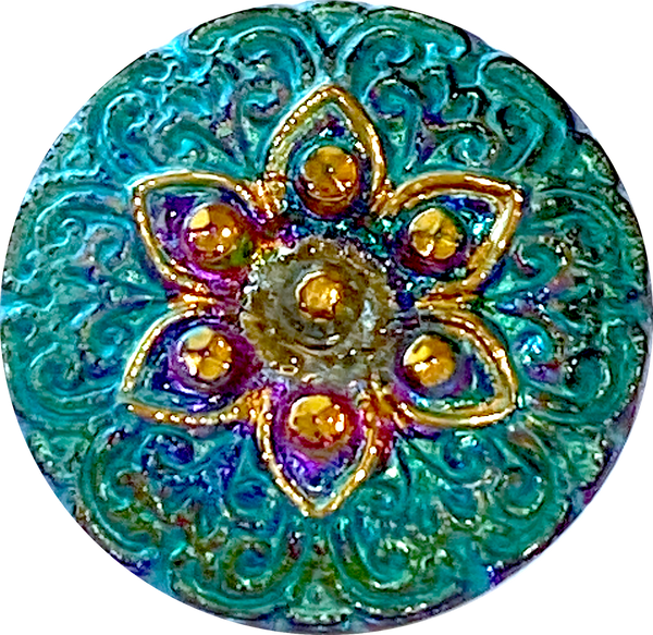 Re-Stocked, Blues/Purples/Gold Arabian Star 19mm Czech Glass Button 3/4"  # CZ-296