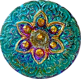 Re-Stocked, Blues/Purples/Gold Arabian Star 19mm Czech Glass Button 3/4"  # CZ-296