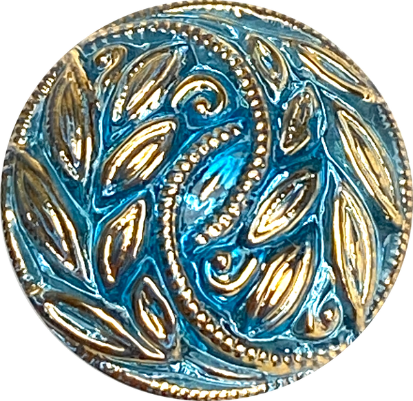 Small Size Blue & Gold Laurel Leaves Czech Glass Button 14mm / 9/16" # CZ-180