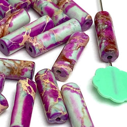 Tribal Magenta Gemstone Cylinder Tube Beads, 13mm x 4mm, 1/2" Long, Dyed Natural Imperial Jasper Strand of 27 #LP-35