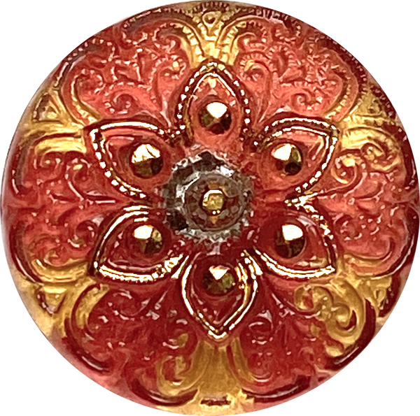 Running Low, Red Plum / Gold Arabian Starflower Czech Glass Button 18mm / 3/4"  # CZ-133-B