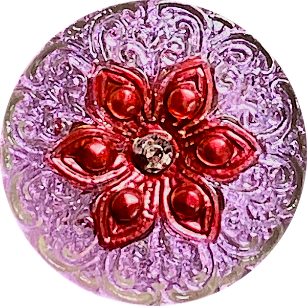 Red/Mauve/Silver Arabian Starflower Iridescent Czech Glass 18mm Button 3/4" #CZ-185