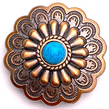 Re-Stocked,  1-1/2" Tucson Daisy, Copper / 'Turquoise' Screw Back Concho 1.5"  #SWH-128