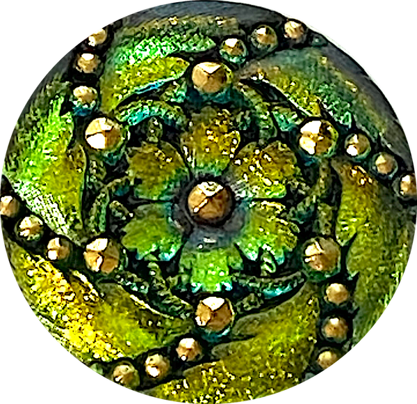Re-Stocked Highly Iridescent Large Green to Orange Czech Glass Button Hurricane 1-3/16"  #CZ-027