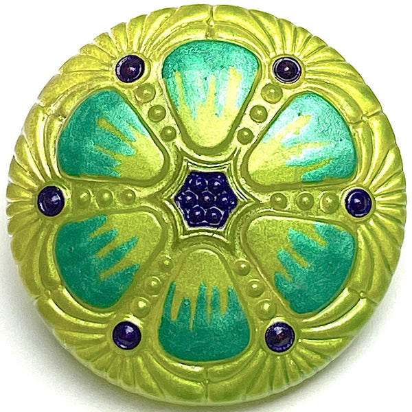 Re-Stocked, Large Lime Deco Flower Czech Glass 27mm Button 1-1/16"  #CZ-264
